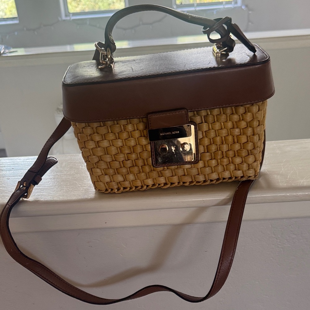 Michael Kors Brown Leather & Natural Woven Crossbody Satchel